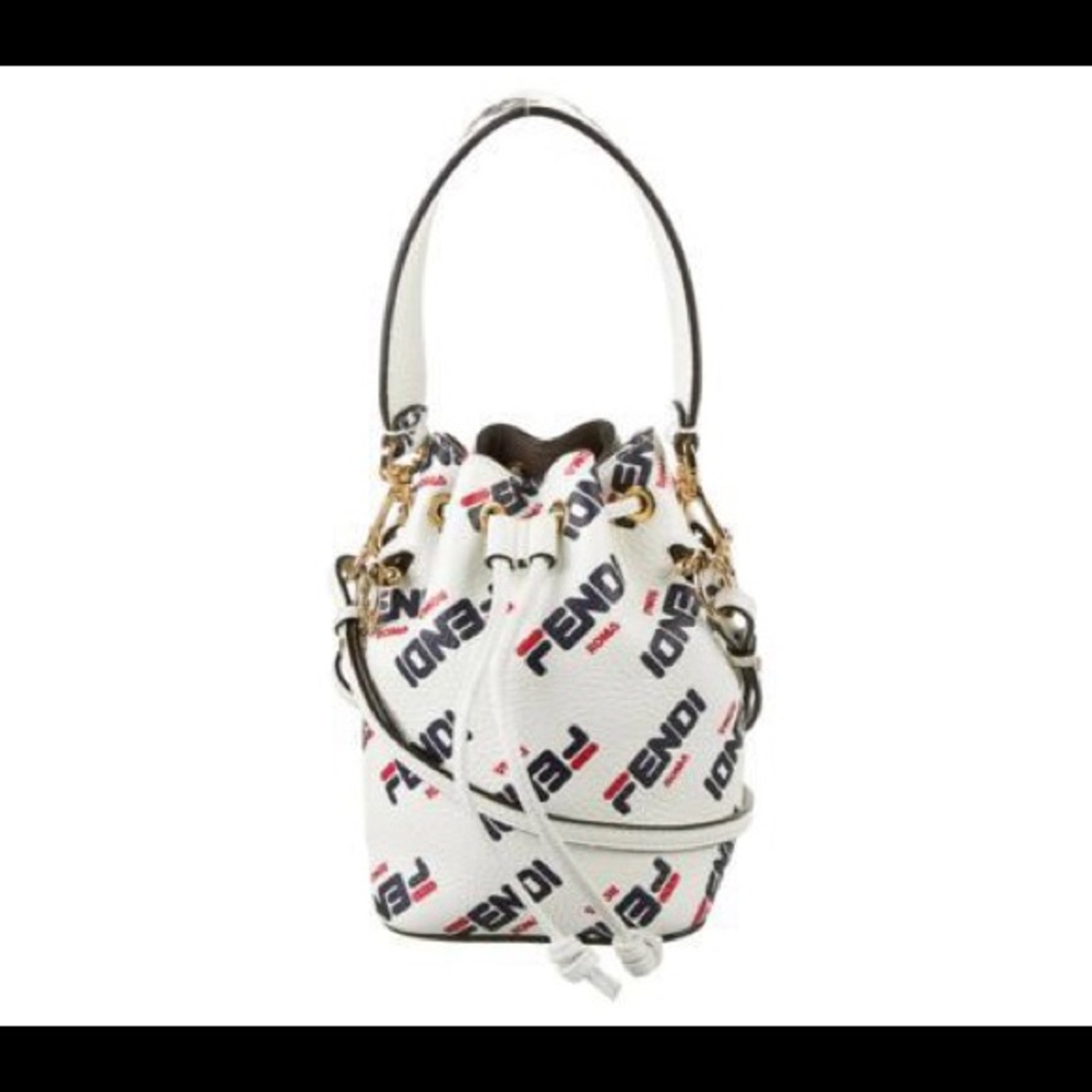 Fendi White Logo Drawstring Bucket Bag with Black and Red Accents